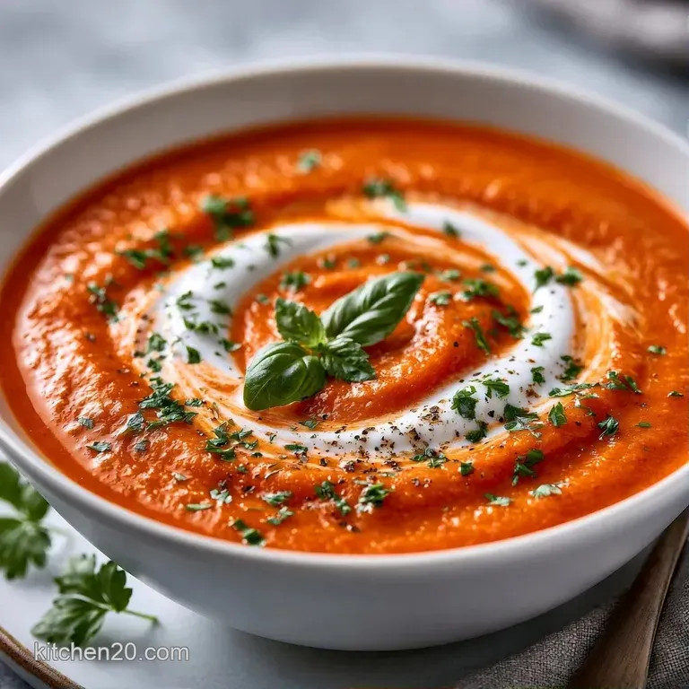 A minimalist white bowl of velvety red soup garnished with a fresh basil leaf and golden-brown toasted sourdough.