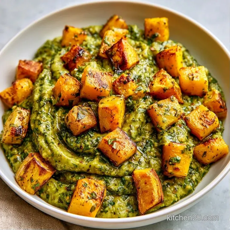 Bright green pesto swirl on a white ceramic plate, garnished with toasted seeds and delicate microgreens.