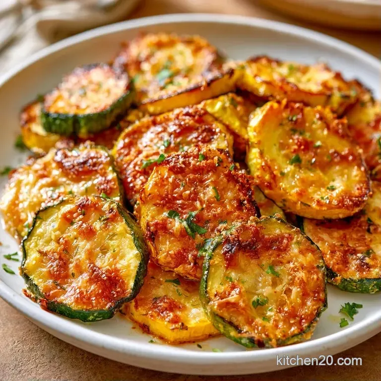 Slices of golden-yellow squash arranged on a platter, topped with toasted cheese and a sprinkle of fresh green herbs.