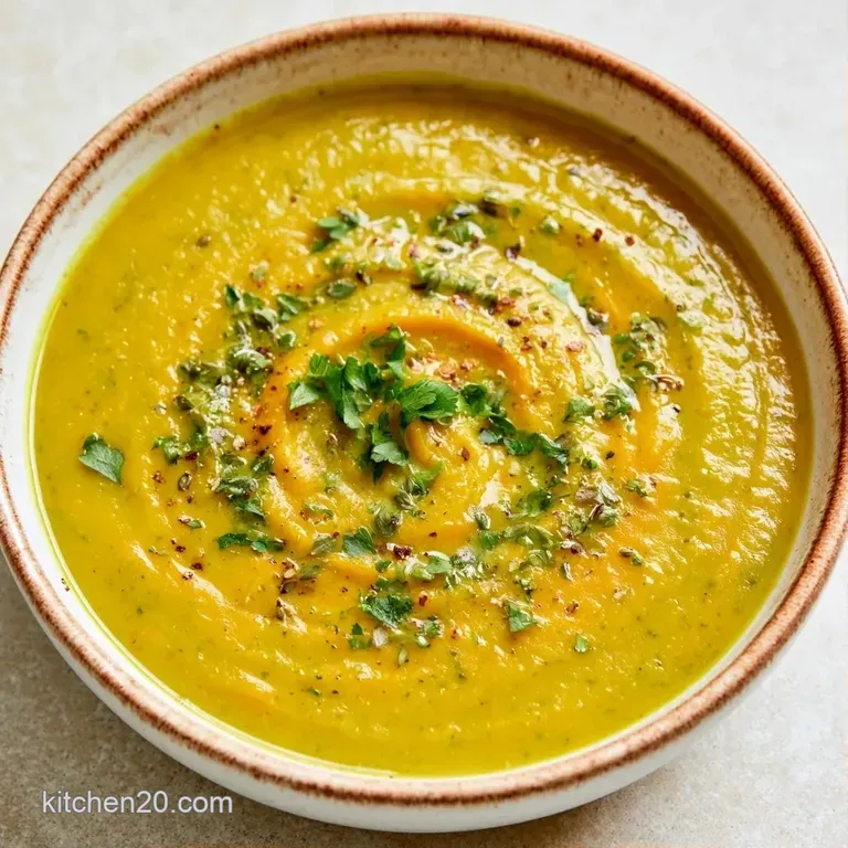 A golden puree in a white bowl topped with toasted pumpkin seeds and a drizzle of olive oil on a linen napkin.