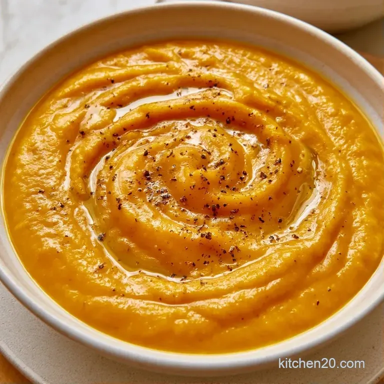 A velvety yellow soup served in a ceramic bowl on a rustic linen cloth with toasted sourdough bread on the side.