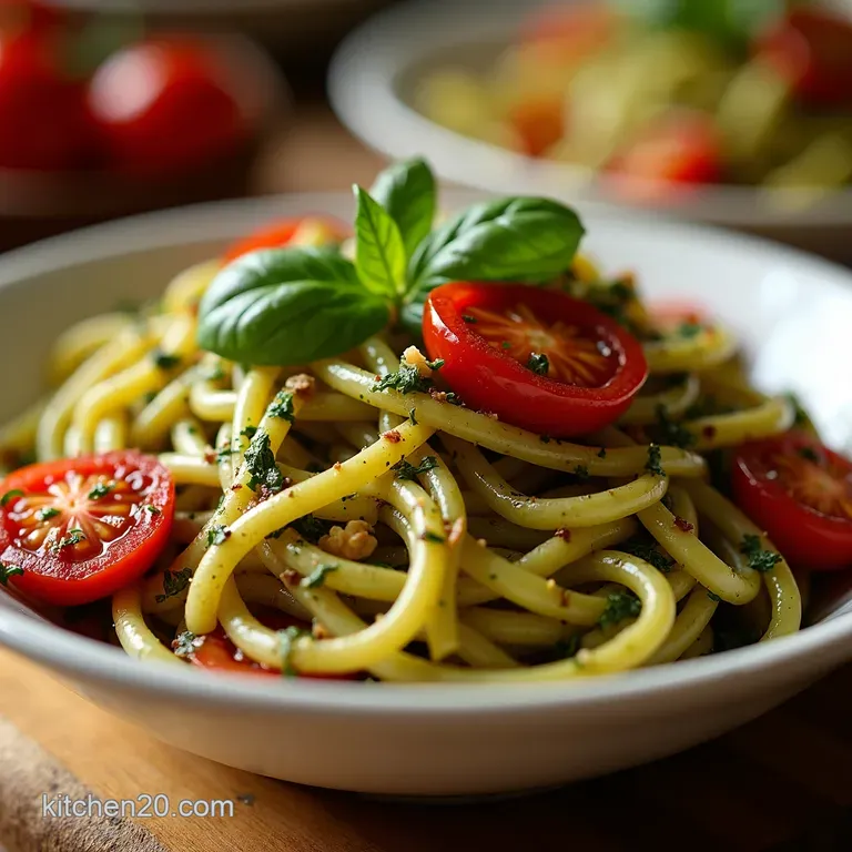 The Brightest Bowl Fresh Pesto Pasta with Balsamicroasted Cherry Tomatoes presentation