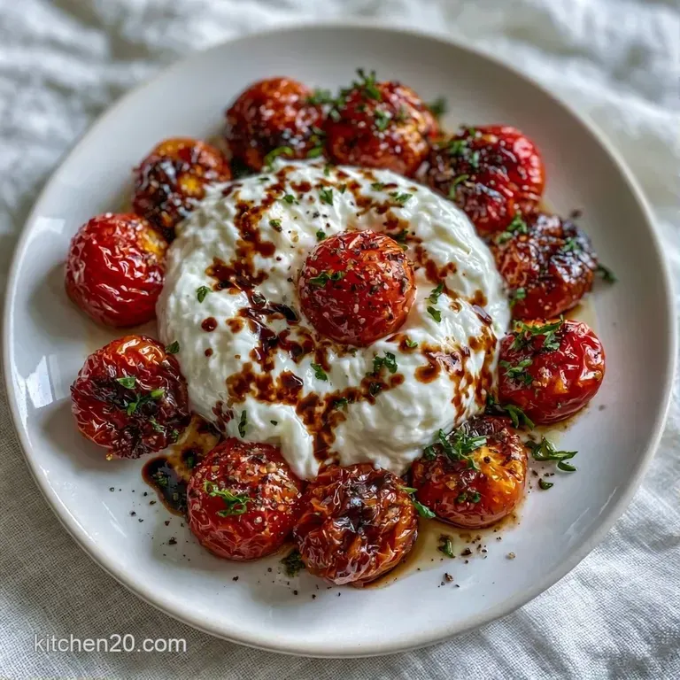Charred red tomatoes surrounding a soft, creamy white cheese ball garnished with fresh green basil and olive oil.