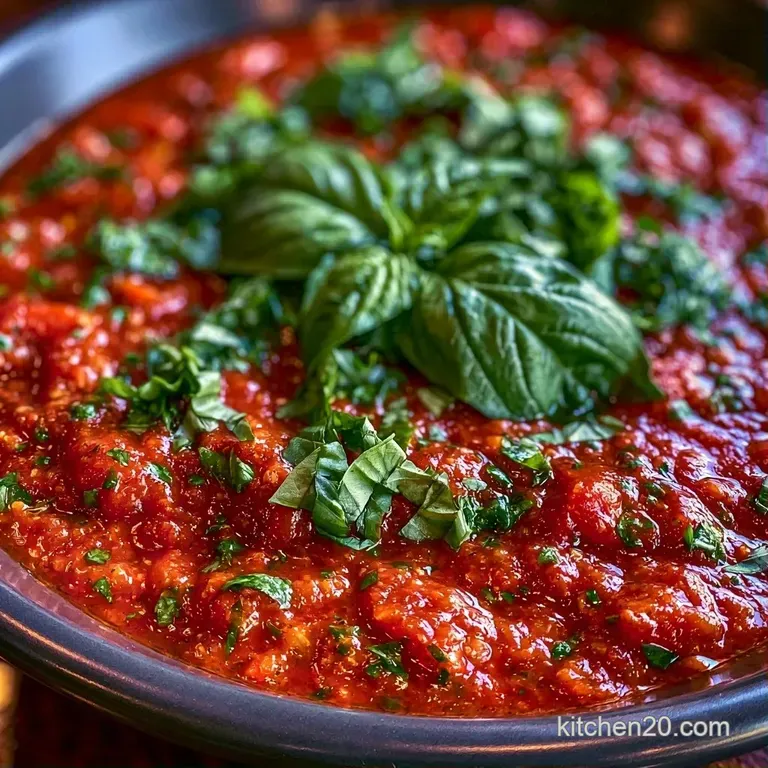 Vibrant red sauce poured over al dente pasta, topped with a fresh basil leaf and a sprinkle of white parmesan.
