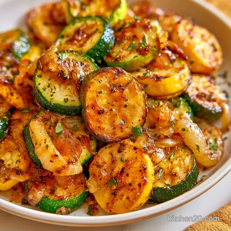 Tender green and yellow squash rounds elegantly arranged on a white ceramic plate with a garnish of fresh thyme.