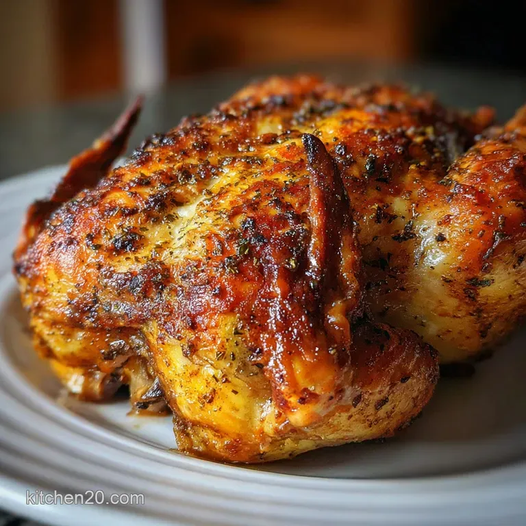 Glistening rotisserie chicken on a white platter, garnished with bright green herbs. Juices pool beneath, promising savory...