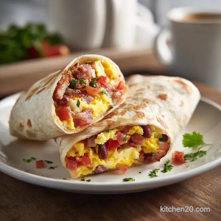 A neatly folded breakfast burrito cut in half, revealing fluffy eggs, crumbled sausage, and vibrant cheese.