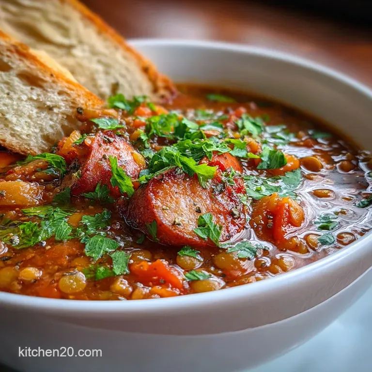 A bright bowl of sausage lentil soup, garnished with herbs. The rich broth glistens, hinting at a comforting meal.