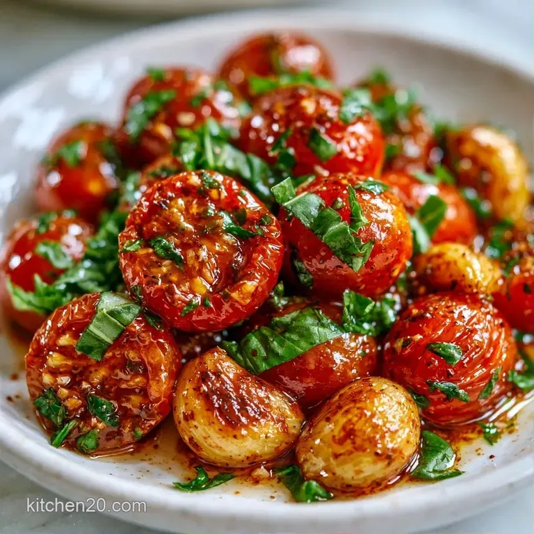 Glossy red tomatoes and golden garlic cloves elegantly plated on white porcelain with a sprig of fresh parsley.