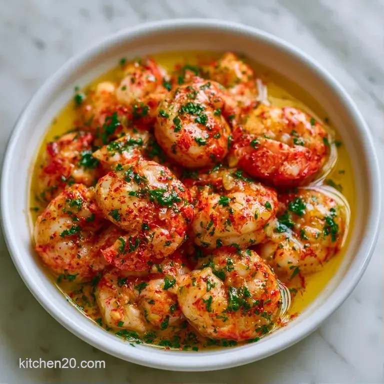 Glistening white and red seafood pieces piled high on a slate platter with a wedge of lemon and fresh herbs.