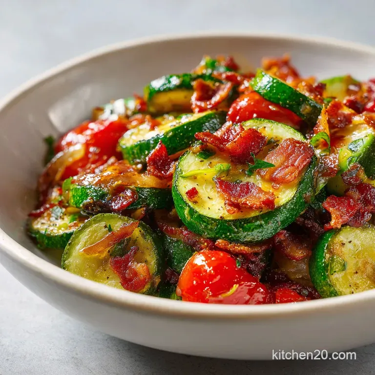 Neatly stacked vibrant green zucchini coins topped with crumbled crispy bacon on a minimalist white ceramic plate.