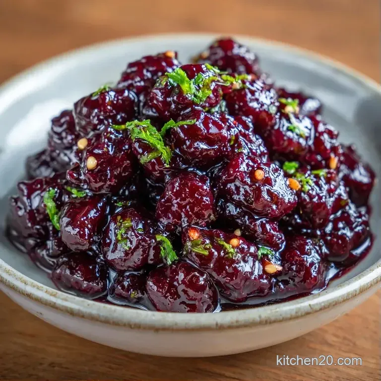 A sleek white plate featuring a protein drizzled with a vibrant purple reduction and a sprig of fresh thyme.