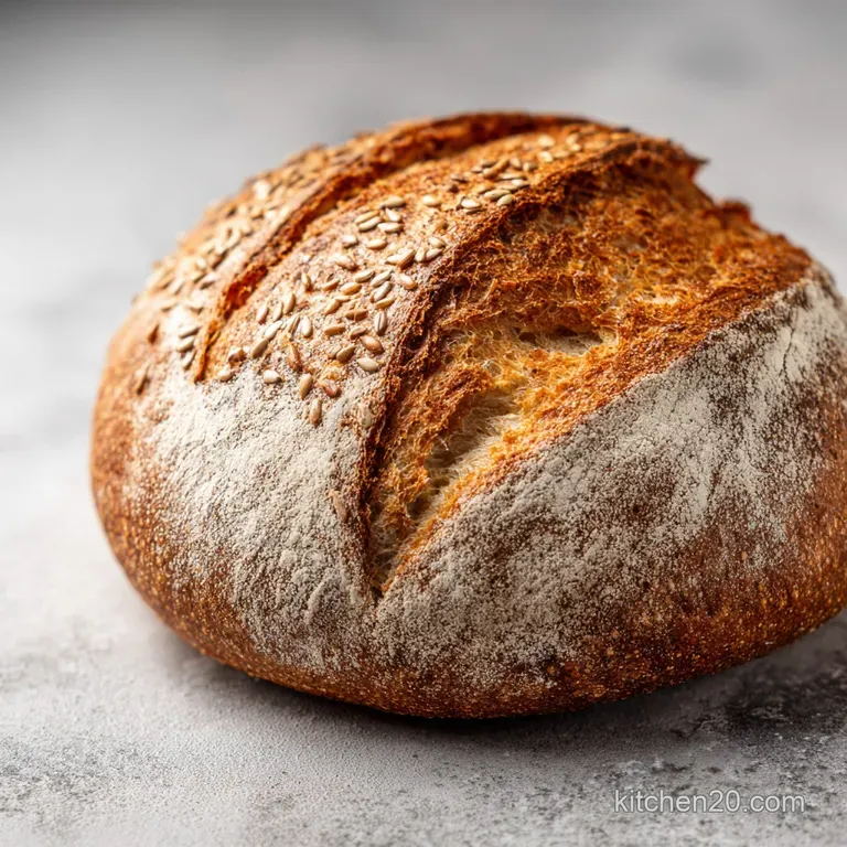 A generous slice of seeded whole grain bread with a perfectly toasted crust, artfully arranged.