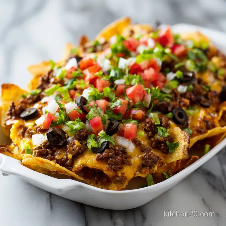 A carefully arranged portion of loaded nachos, showcasing golden chips, savory beef, and a dollop of sour cream.