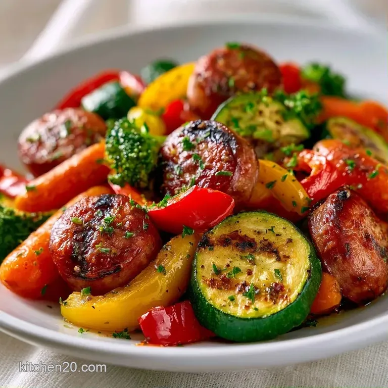 Slices of browned sausage and caramelized onions arranged on a white ceramic platter with a sprig of fresh parsley.
