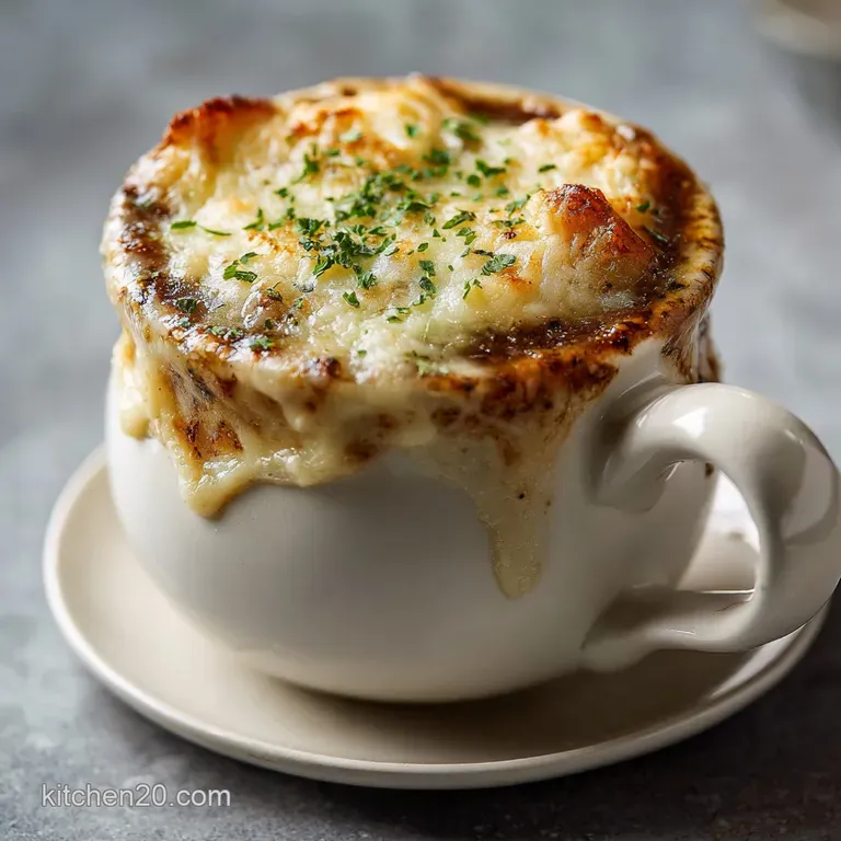 Individual bowl of comforting soup topped with piped, golden mashed potatoes and a sprinkle of fresh herbs. A cozy, inviti...