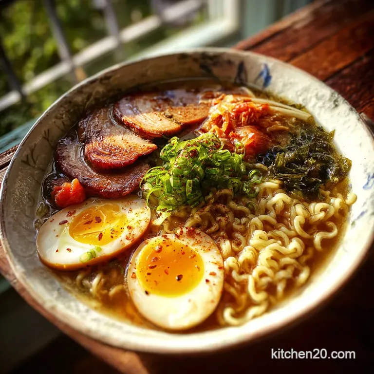 Artfully arranged ramen bowl: braised pork belly, vibrant orange egg yolk, springy noodles in shimmering, mahogany broth.
