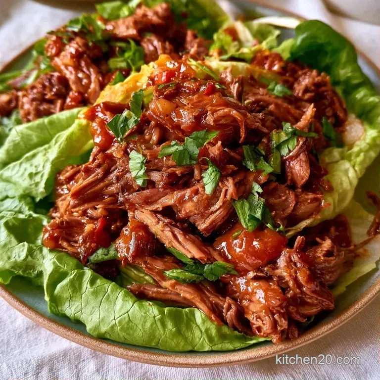 Rows of crisp green lettuce cups filled with juicy shredded beef and fresh herbs in a clear meal prep container.