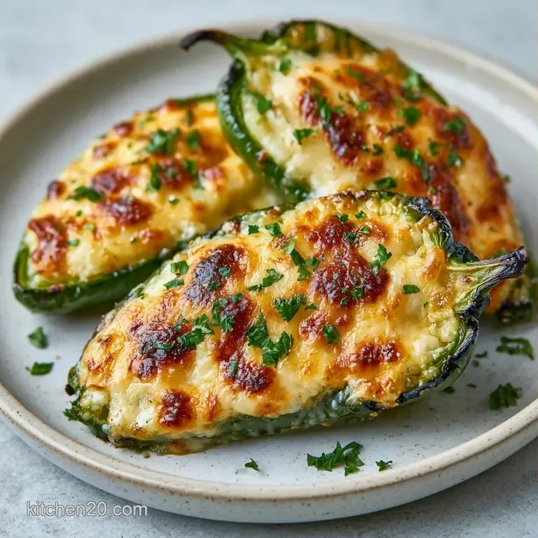 Roasted green peppers filled with creamy cheese on a white platter, garnished with fresh parsley and garlic cloves.