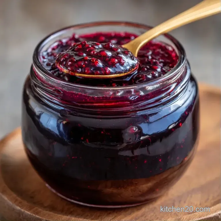 A clear glass jar filled with rich burgundy syrup, paired with fresh mulberries and a silver spoon on a linen cloth.