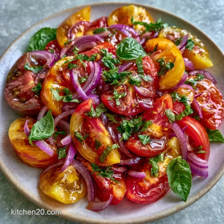 Vibrant red tomato wedges and creamy white mozzarella pearls topped with fresh basil on a minimalist ceramic dish.