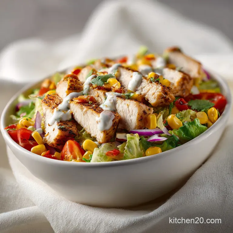 An artfully arranged salad with grilled chicken, black beans, and cilantro on a white plate.