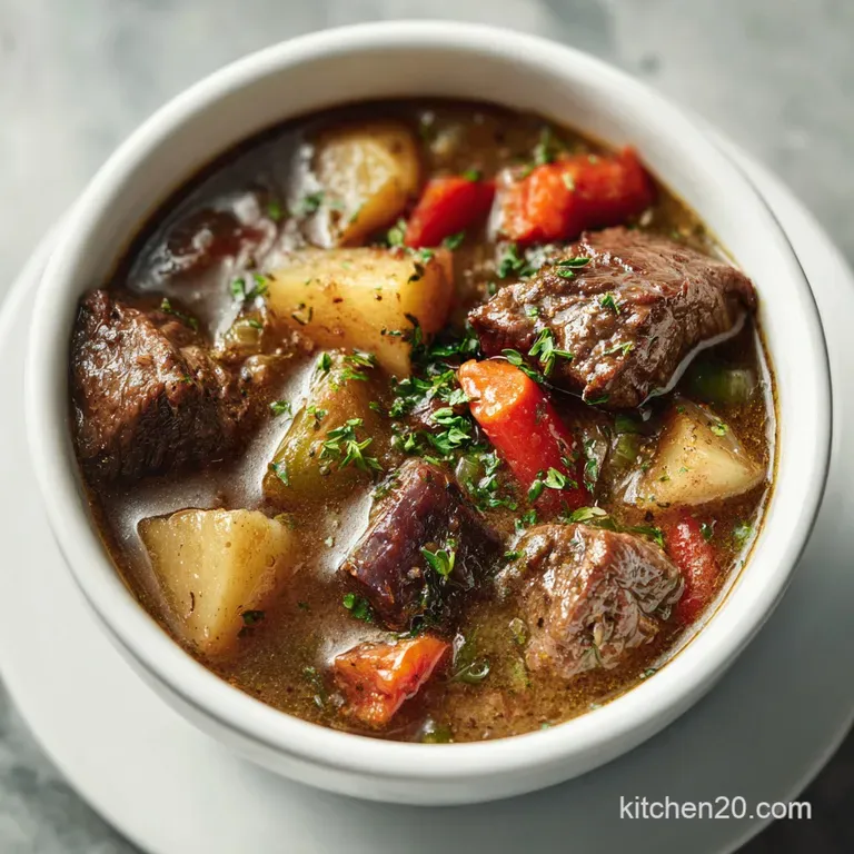 Elegant serving of beef stew in a white bowl, garnished with fresh parsley. Simmered beef, potatoes and carrots surrounded...