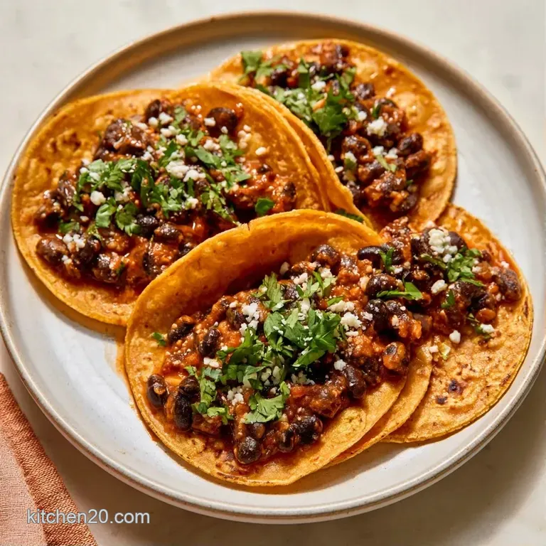 A colorful platter of soft tacos filled with seasoned black beans, topped with creamy avocado and pickled red onions.