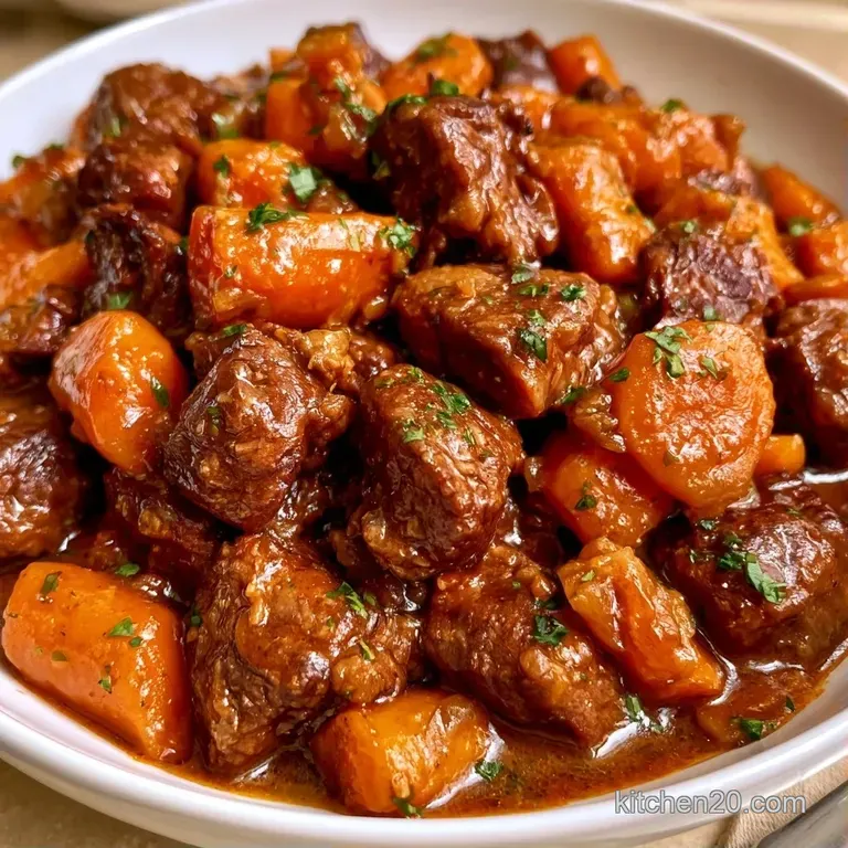 Elegant plate of succulent brown meat and bright orange carrots topped with a glossy reduction and microgreens.
