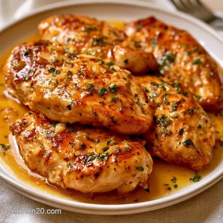Slices of juicy chicken breast drizzled in lemon butter sauce on a white plate with vibrant steamed asparagus.