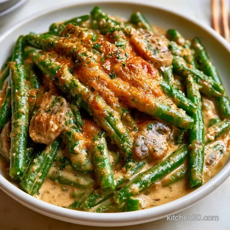 Elegant scoop of creamy green beans topped with crispy onions, served in a white bowl on a linen tablecloth.