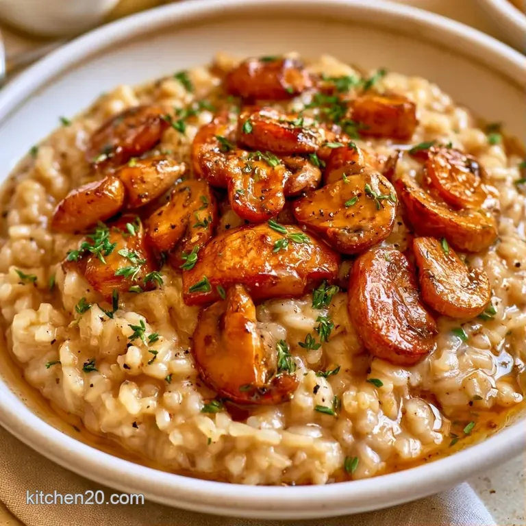 A shallow white ceramic bowl of creamy, golden rice and sautéed mushrooms finished with a sprig of fresh thyme.