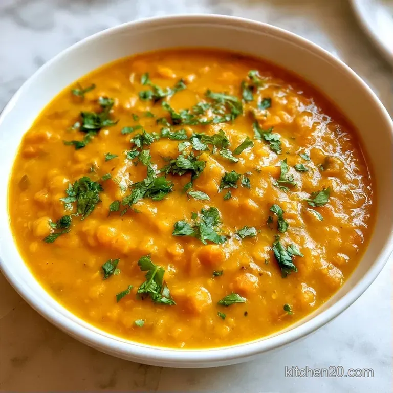 Thick orange lentil stew in a white ceramic bowl with a swirl of coconut cream and toasted garlic naan on the side.