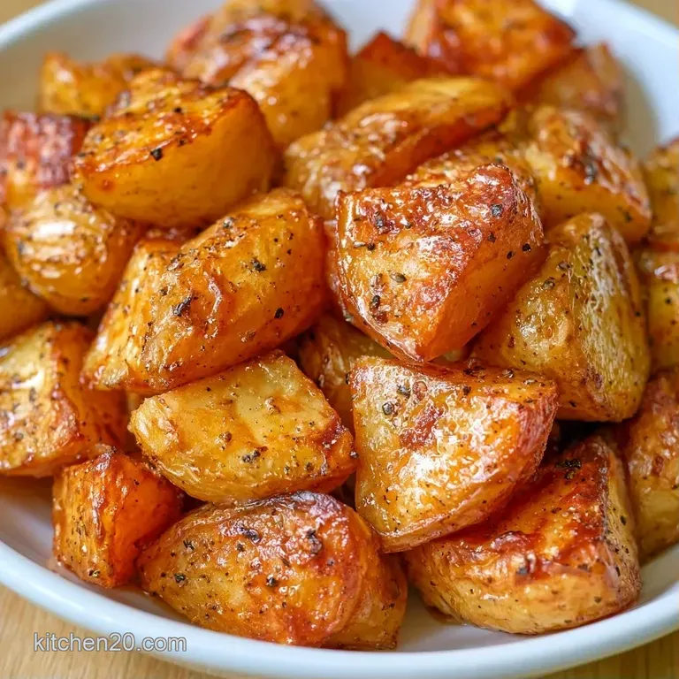A pile of glistening, gold-brown potato cubes on a white platter, garnished with sprinkles of fresh parsley.