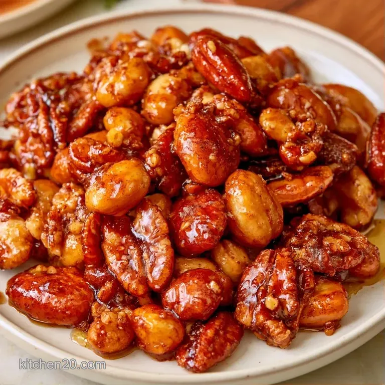 Glossy, spiced mixed nuts piled high in a white porcelain bowl, accented by fresh rosemary and a linen napkin.