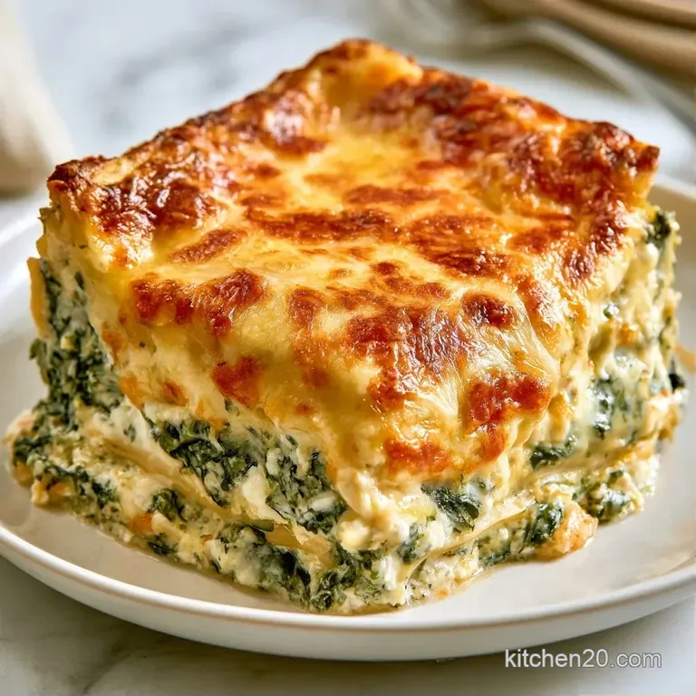 A square slice of layered cheesy pasta with pockets of green spinach and ricotta on a minimalist white plate.