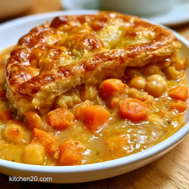 A slice of creamy vegetable pie with a buttery, golden crust on a white plate, garnished with fresh green parsley.
