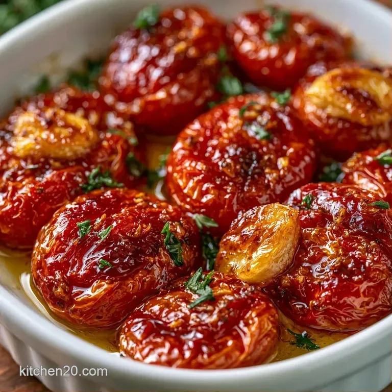Vibrant red shriveled tomatoes and golden garlic cloves arranged on a white plate with a drizzle of olive oil.