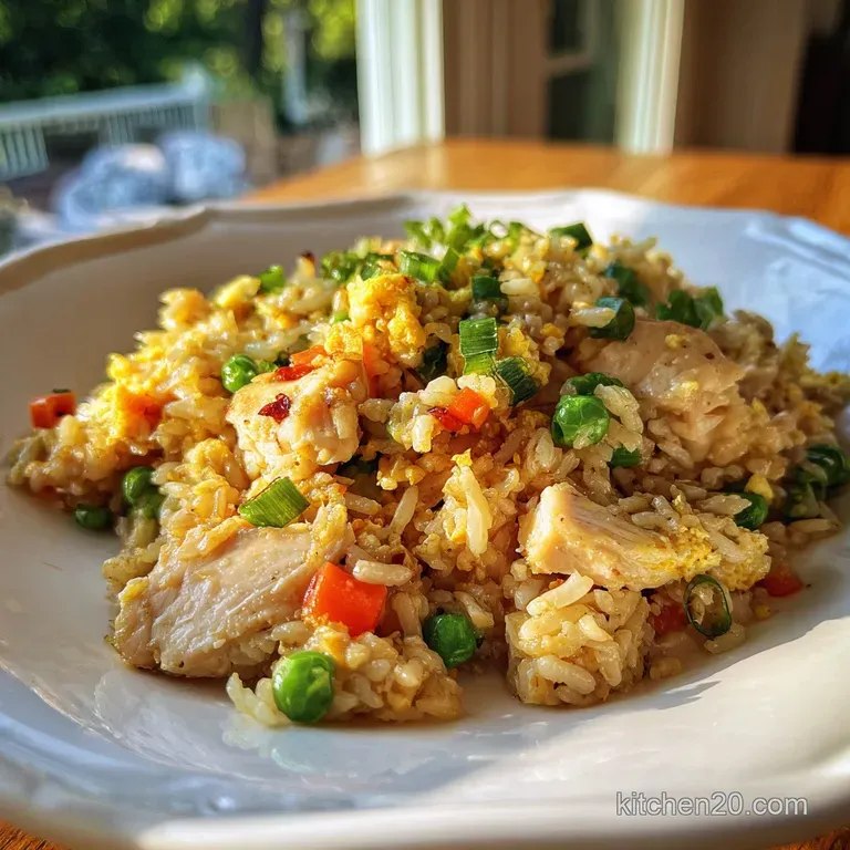 Portioned fried rice in a white bowl, topped with vibrant green scallions. Glistening with savory sauce, chopsticks rest n...