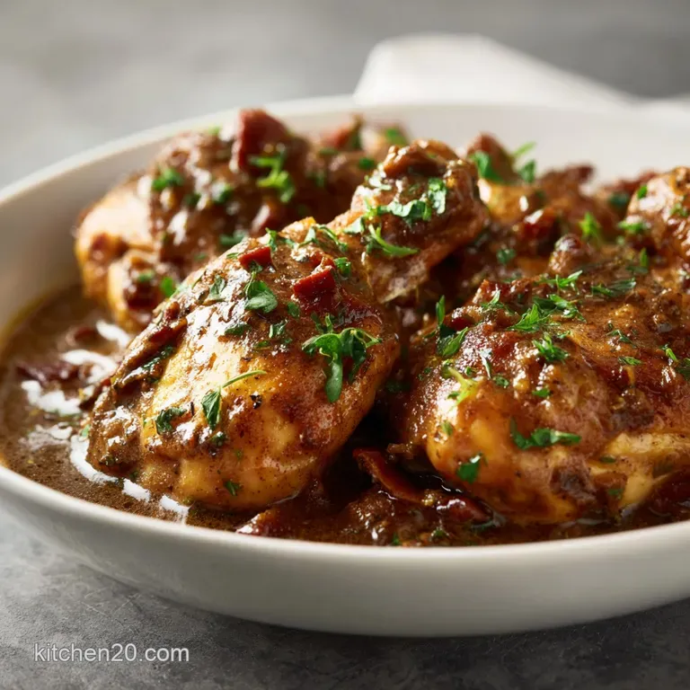 Plated smothered chicken glistening with deep brown gravy, beside creamy mashed potatoes and bright green steamed asparagus.