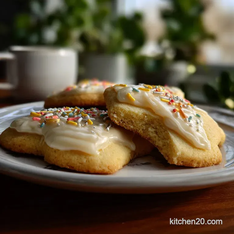 Stack of delicate sugar cookies, iced with glossy vanilla glaze. Crumbs scattered around, soft focus. Elegant dessert.
