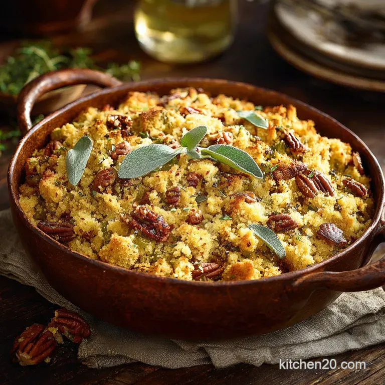 Southern Thanksgiving Menu Starter: Auntie Maes Sage and Pecan Cornbread Dressing presentation