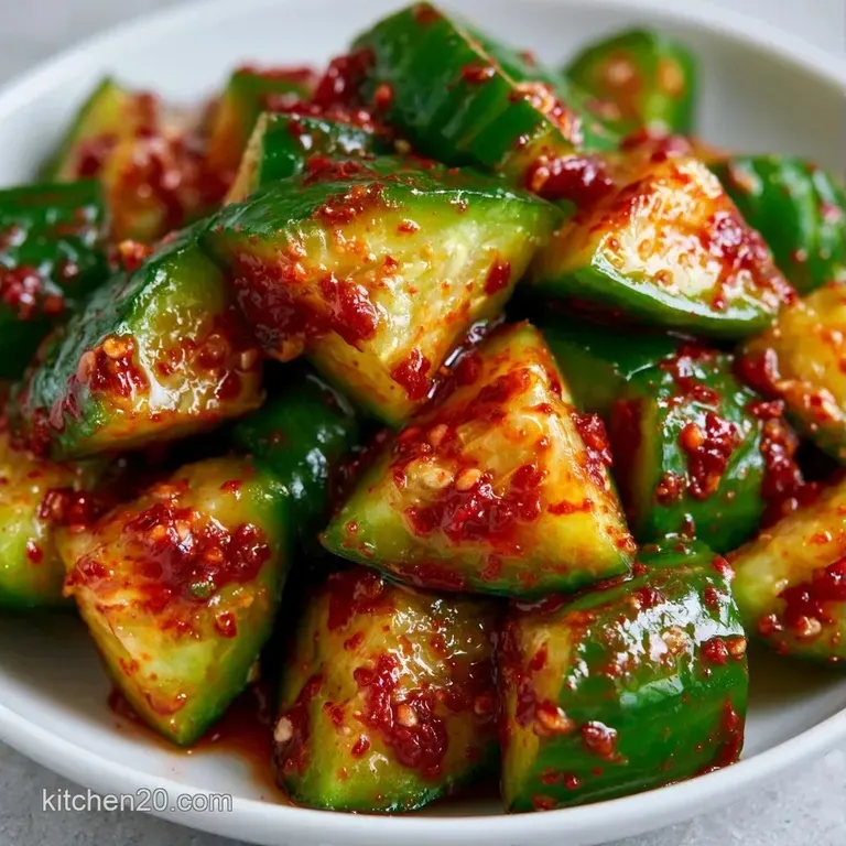 Sliced cucumbers in a red glaze arranged in a shallow white bowl, topped with toasted sesame seeds and sliced scallions.