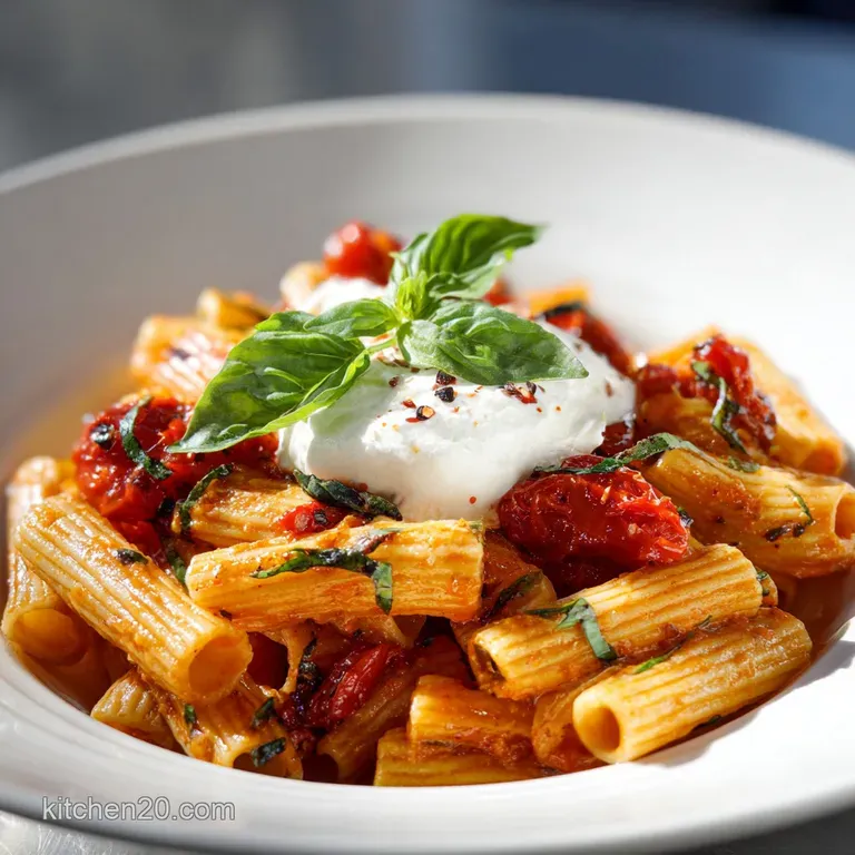 Elegant plate of rigatoni, vibrant tomato sauce glistening, topped with a snowy burrata ball and a delicate basil sprig.