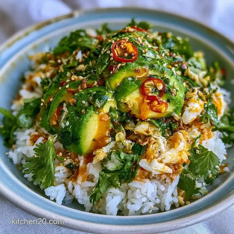 Neatly stacked rice cakes topped with sliced avocado and spicy crab, drizzled with sauce on a slate platter.