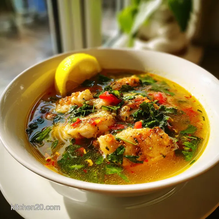 A delicate white bowl of steaming, spicy lemon fish soup garnished with bright green herbs and a swirl of chili oil on top.