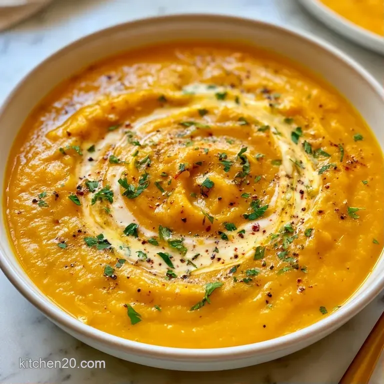 Elegant white bowl of golden soup on a rustic linen cloth, garnished with fresh chives and toasted sourdough.