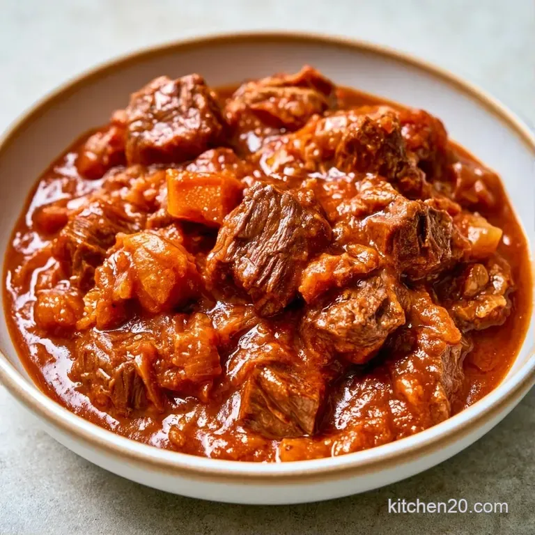 Slices of succulent beef topped with a glossy tomato glaze, served alongside glazed root vegetables on white china.
