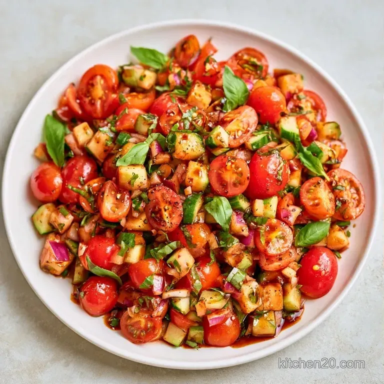 Vibrant red and green salad pieces arranged in a white ceramic bowl, drizzled with oil and topped with basil leaves.