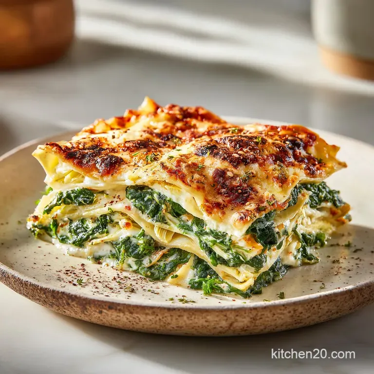A precise square slice of layered cheesy pasta with bright green spinach and tender artichokes on a white plate